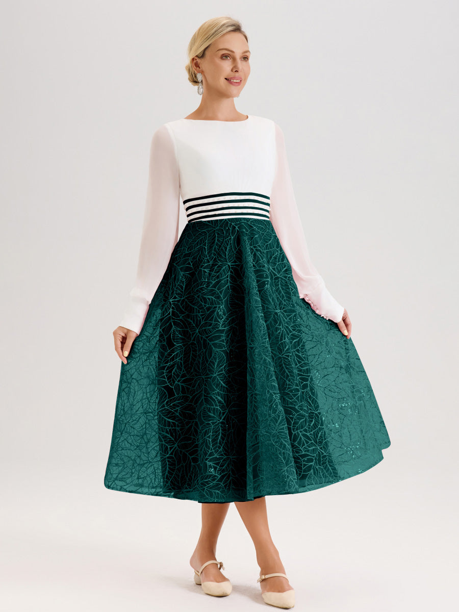 Cicinia Paon Robe Tendance Mère De La Mariée Col Ras Du Cou Manches Longues À Contraste En Mousseline Et Dentelle Longueur Mi-Mollet