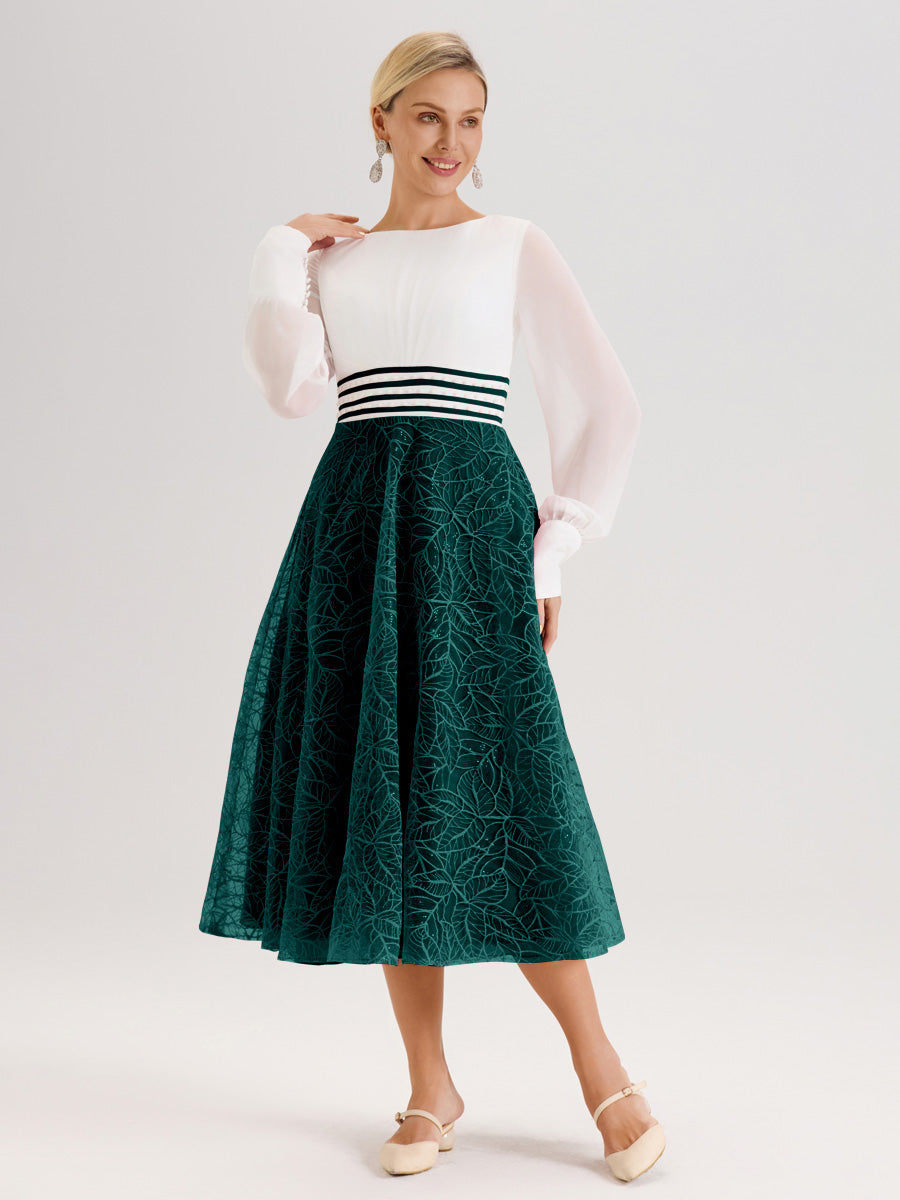 Cicinia Paon Robe Tendance Mère De La Mariée Col Ras Du Cou Manches Longues À Contraste En Mousseline Et Dentelle Longueur Mi-Mollet