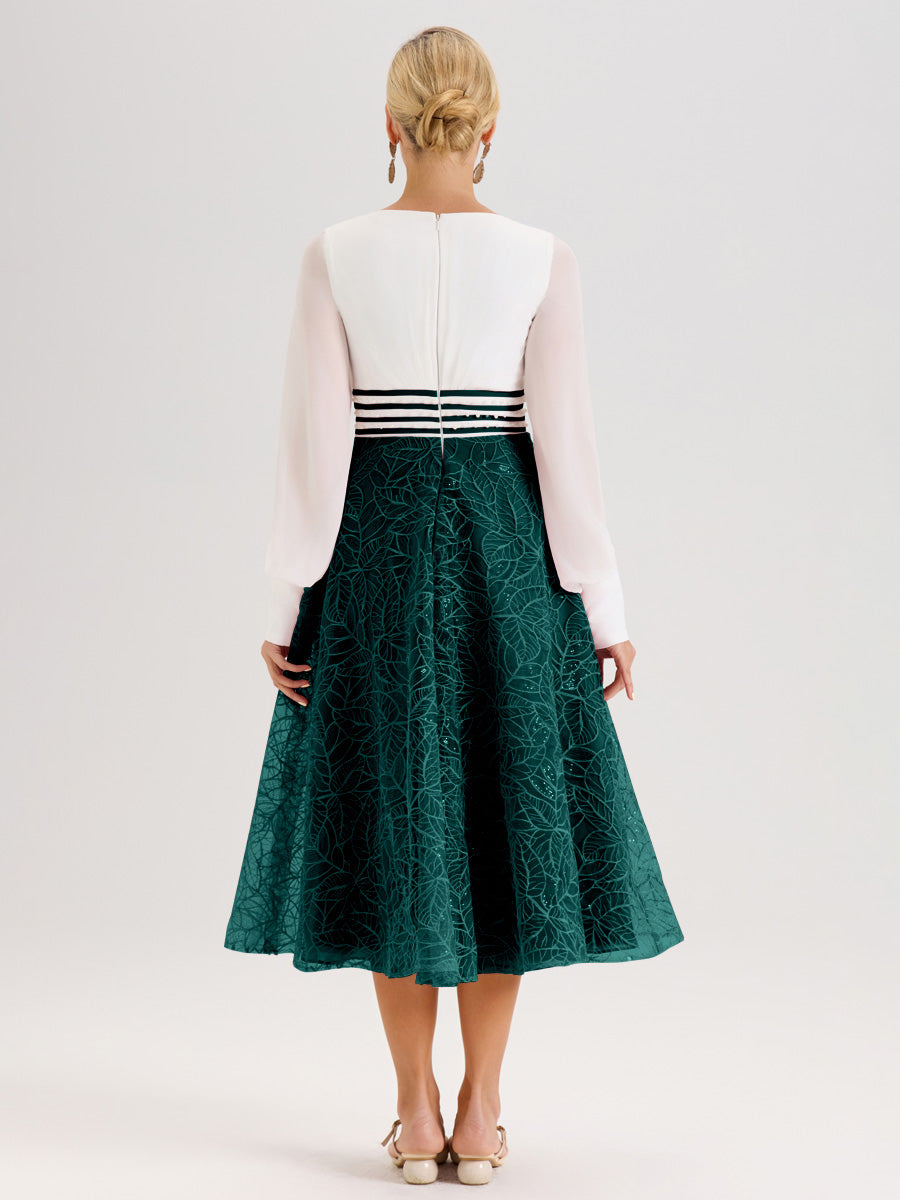 Cicinia Paon Robe Tendance Mère De La Mariée Col Ras Du Cou Manches Longues À Contraste En Mousseline Et Dentelle Longueur Mi-Mollet