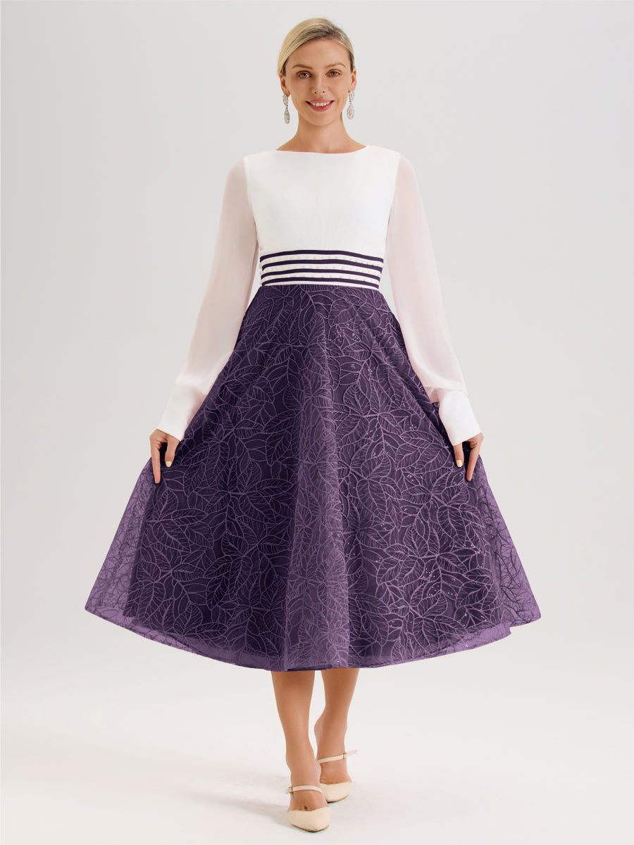Cicinia Plum Robe Tendance Mère De La Mariée Col Ras Du Cou Manches Longues À Contraste En Mousseline Et Dentelle Longueur Mi-Mollet