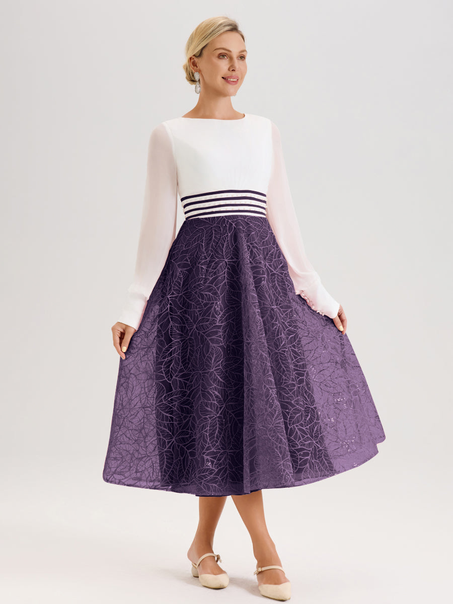 Cicinia Plum Robe Tendance Mère De La Mariée Col Ras Du Cou Manches Longues À Contraste En Mousseline Et Dentelle Longueur Mi-Mollet