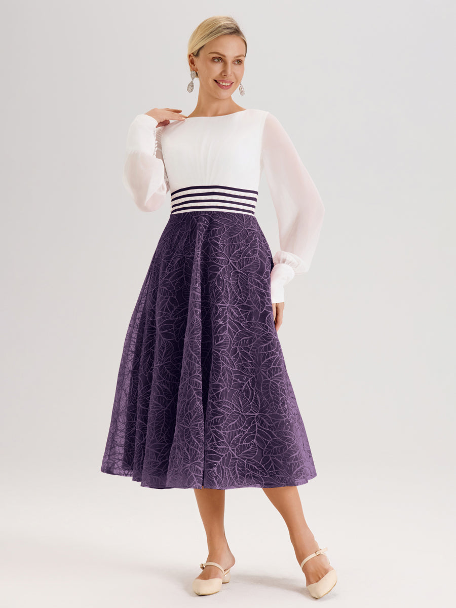 Cicinia Plum Robe Tendance Mère De La Mariée Col Ras Du Cou Manches Longues À Contraste En Mousseline Et Dentelle Longueur Mi-Mollet
