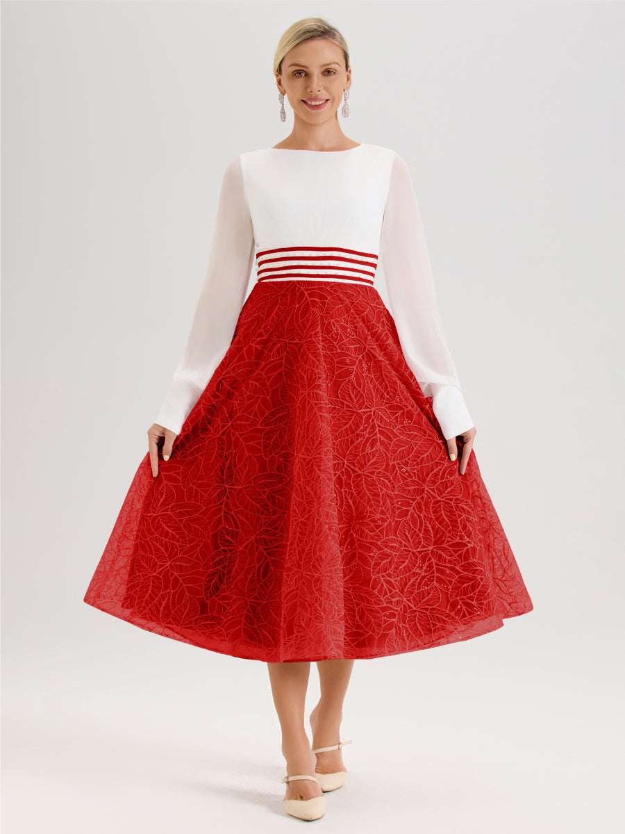 Cicinia Rouge Robe Tendance Mère De La Mariée Col Ras Du Cou Manches Longues À Contraste En Mousseline Et Dentelle Longueur Mi-Mollet