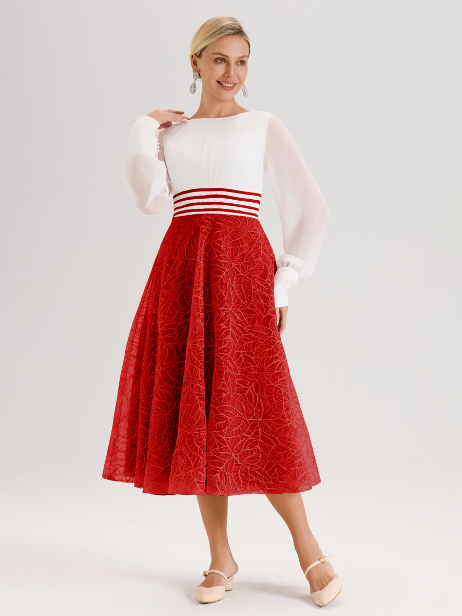 Cicinia Rouge Robe Tendance Mère De La Mariée Col Ras Du Cou Manches Longues À Contraste En Mousseline Et Dentelle Longueur Mi-Mollet