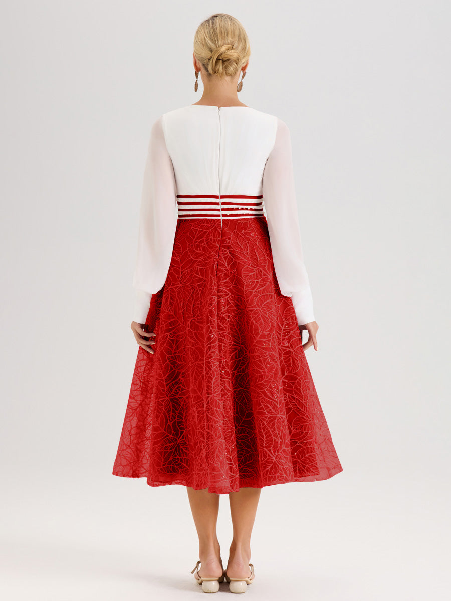 Cicinia Rouge Robe Tendance Mère De La Mariée Col Ras Du Cou Manches Longues À Contraste En Mousseline Et Dentelle Longueur Mi-Mollet