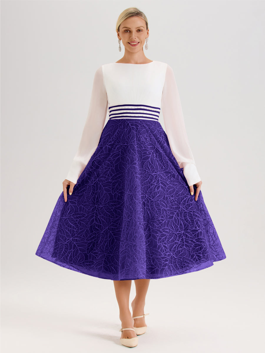 Cicinia Régence Robe Tendance Mère De La Mariée Col Ras Du Cou Manches Longues À Contraste En Mousseline Et Dentelle Longueur Mi-Mollet