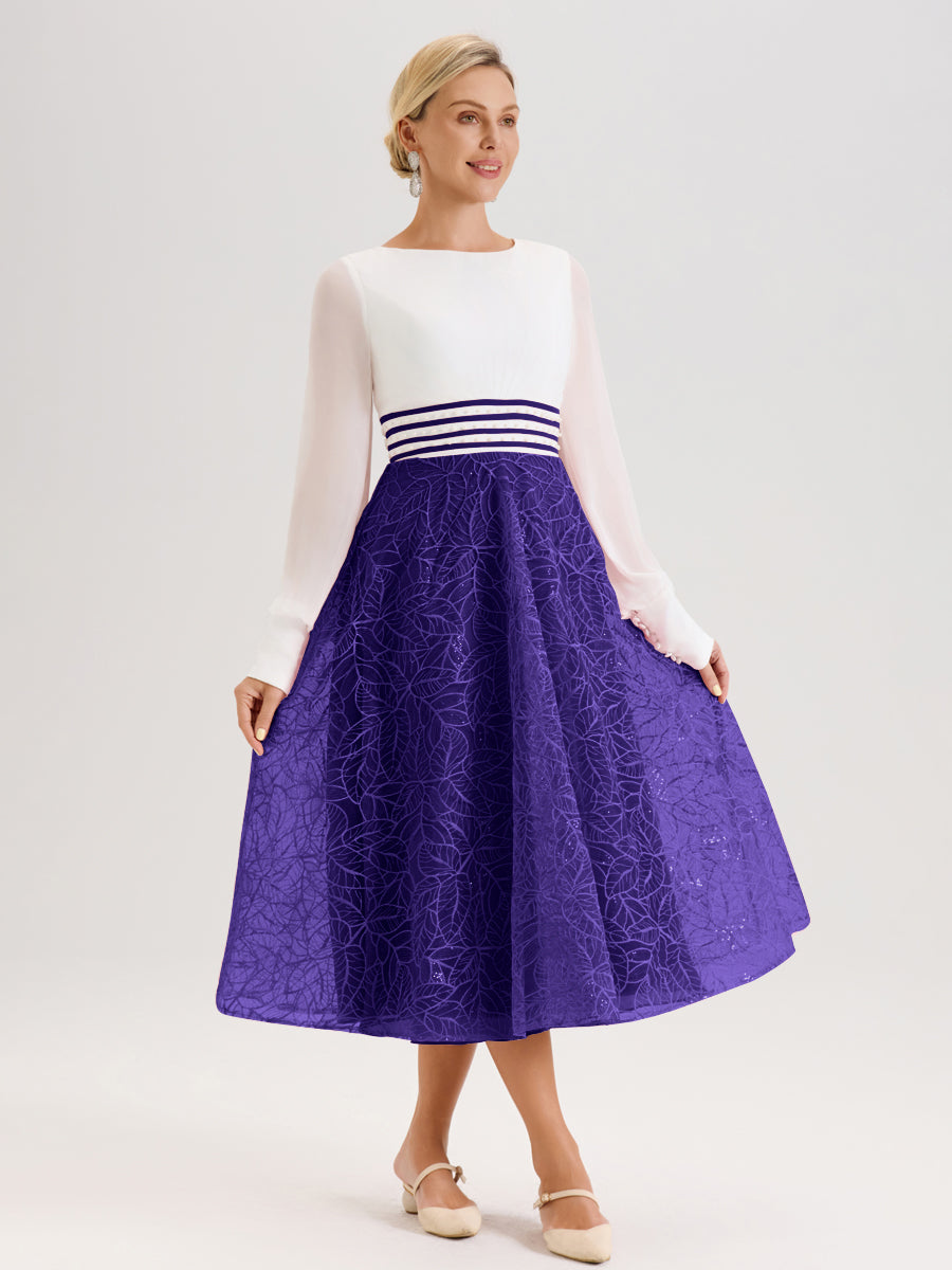 Cicinia Régence Robe Tendance Mère De La Mariée Col Ras Du Cou Manches Longues À Contraste En Mousseline Et Dentelle Longueur Mi-Mollet