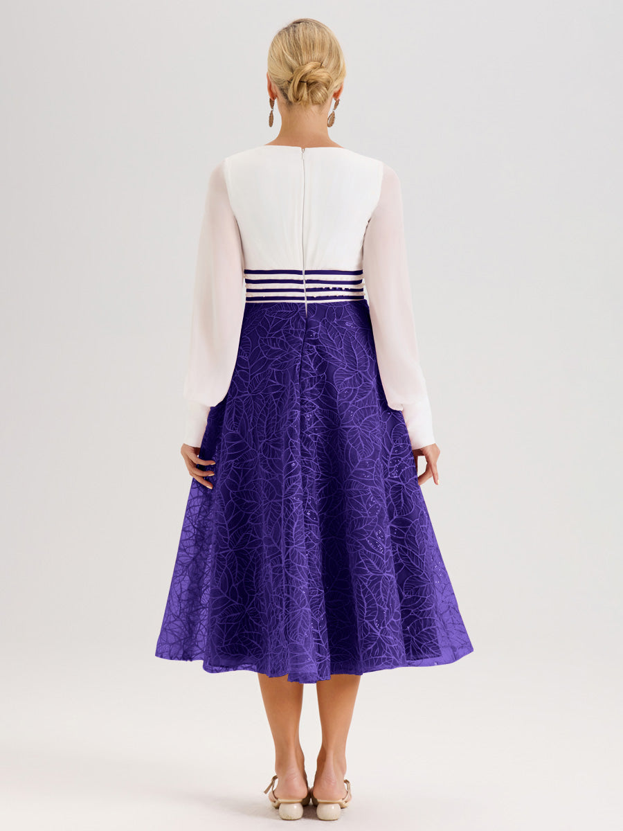 Cicinia Régence Robe Tendance Mère De La Mariée Col Ras Du Cou Manches Longues À Contraste En Mousseline Et Dentelle Longueur Mi-Mollet
