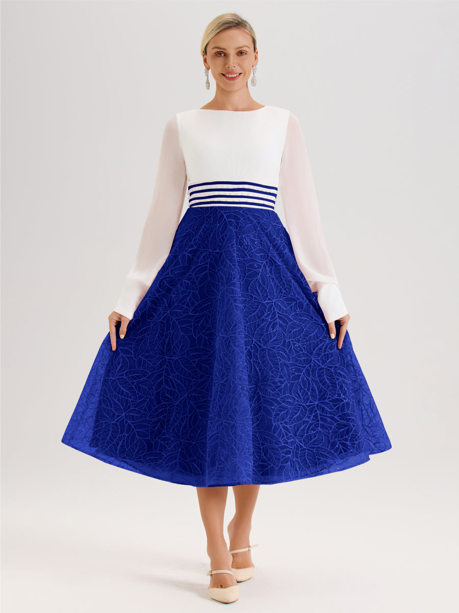 Cicinia Bleu Royale Robe Tendance Mère De La Mariée Col Ras Du Cou Manches Longues À Contraste En Mousseline Et Dentelle Longueur Mi-Mollet