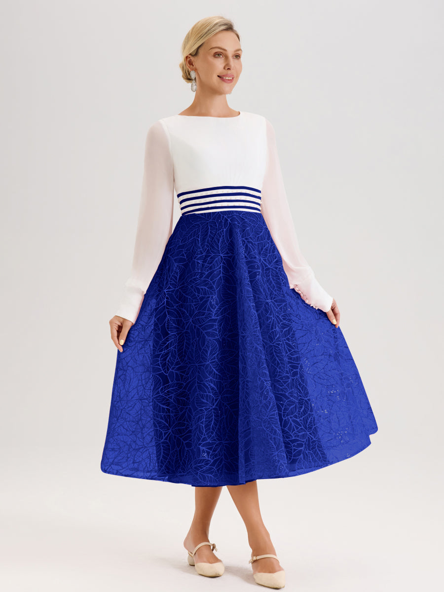 Cicinia Bleu Royale Robe Tendance Mère De La Mariée Col Ras Du Cou Manches Longues À Contraste En Mousseline Et Dentelle Longueur Mi-Mollet