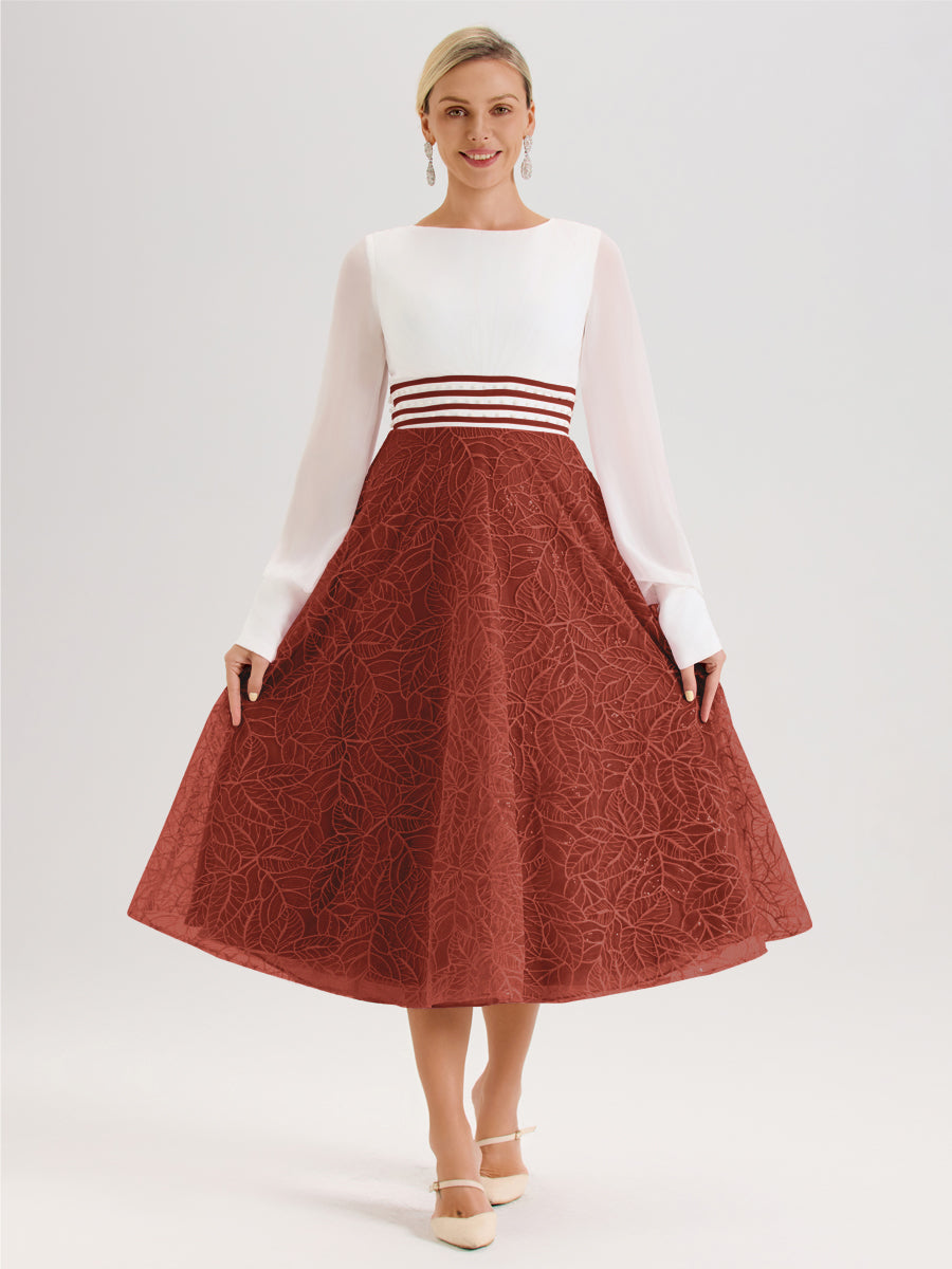Cicinia Rouille Robe Tendance Mère De La Mariée Col Ras Du Cou Manches Longues À Contraste En Mousseline Et Dentelle Longueur Mi-Mollet