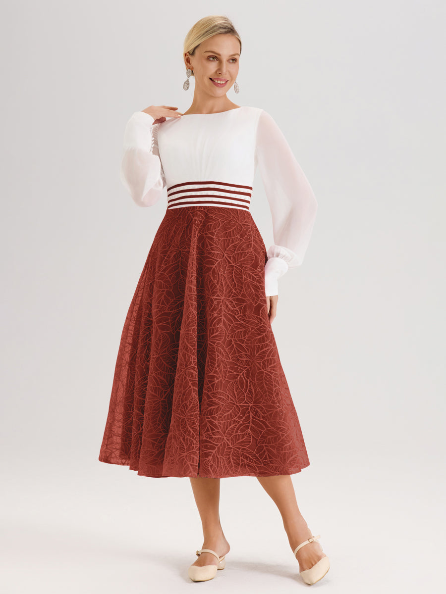 Cicinia Rouille Robe Tendance Mère De La Mariée Col Ras Du Cou Manches Longues À Contraste En Mousseline Et Dentelle Longueur Mi-Mollet