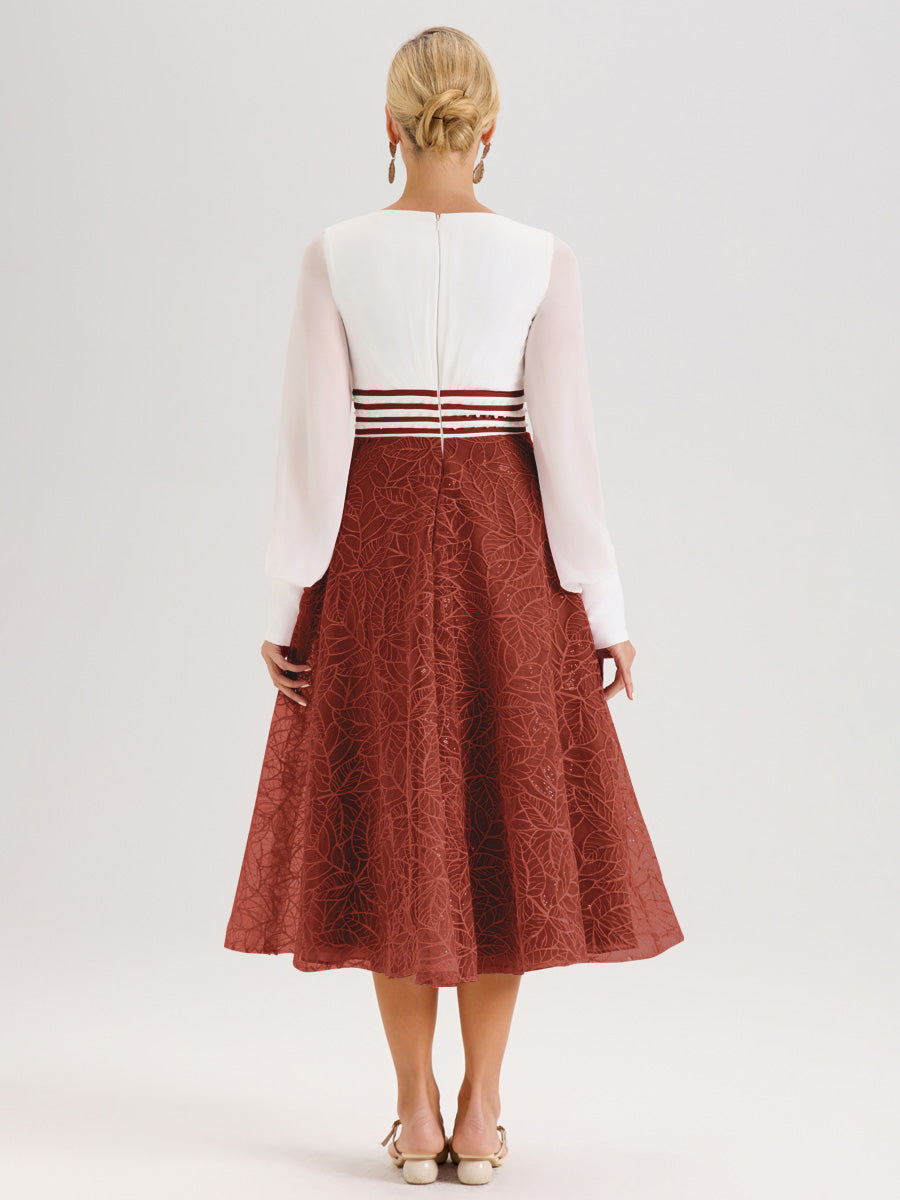 Cicinia Rouille Robe Tendance Mère De La Mariée Col Ras Du Cou Manches Longues À Contraste En Mousseline Et Dentelle Longueur Mi-Mollet