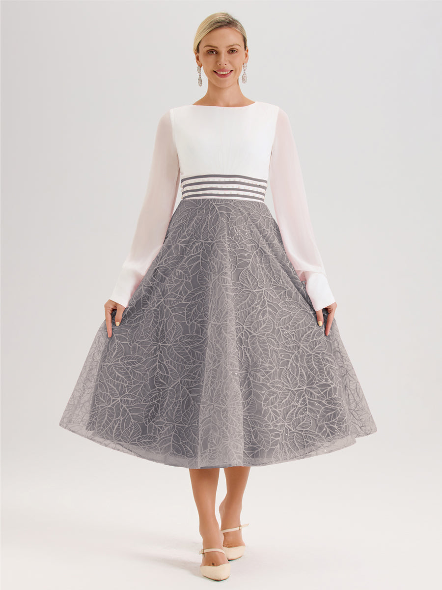 Cicinia Argent Robe Tendance Mère De La Mariée Col Ras Du Cou Manches Longues À Contraste En Mousseline Et Dentelle Longueur Mi-Mollet