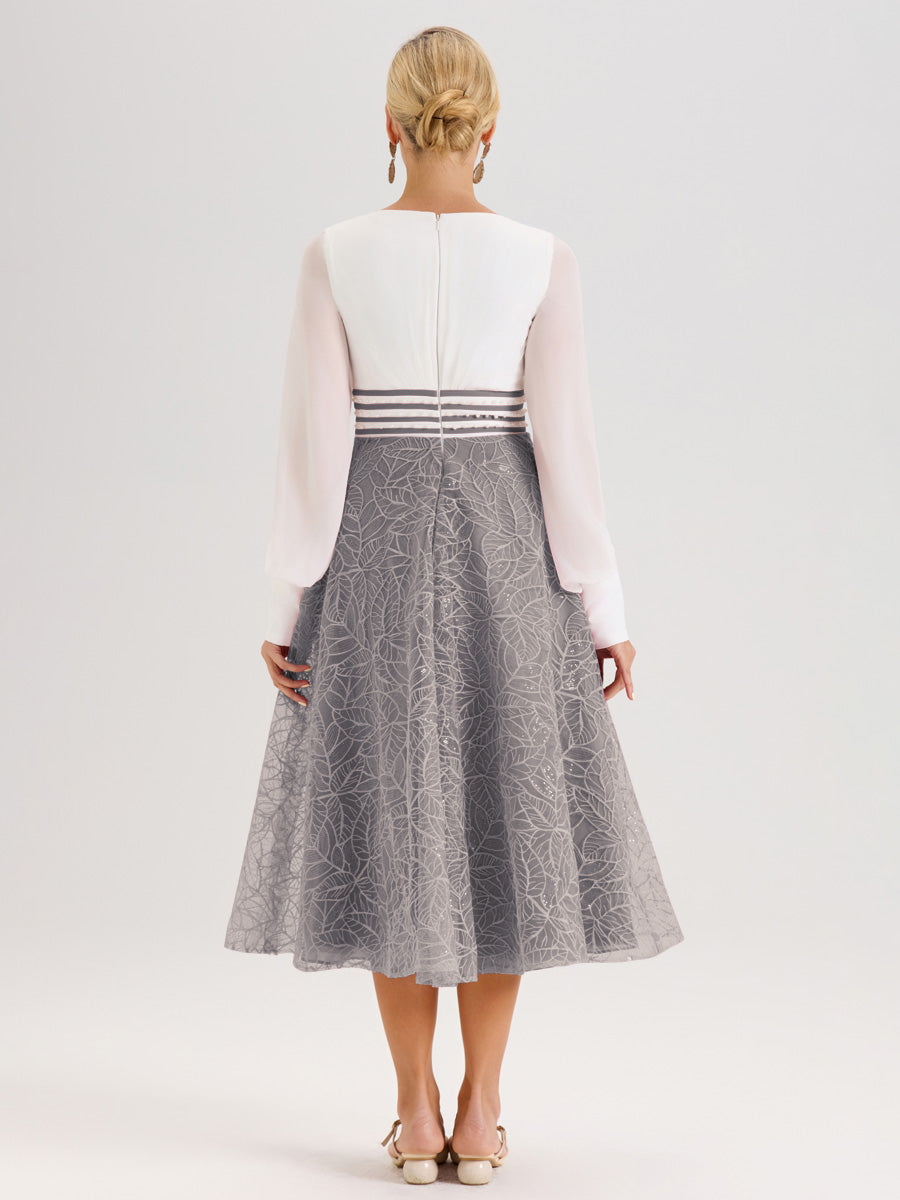 Cicinia Argent Robe Tendance Mère De La Mariée Col Ras Du Cou Manches Longues À Contraste En Mousseline Et Dentelle Longueur Mi-Mollet