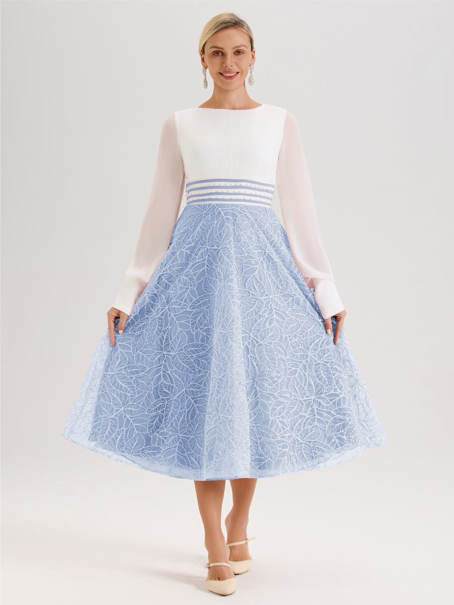 Cicinia Bleu Ciel Robe Tendance Mère De La Mariée Col Ras Du Cou Manches Longues À Contraste En Mousseline Et Dentelle Longueur Mi-Mollet