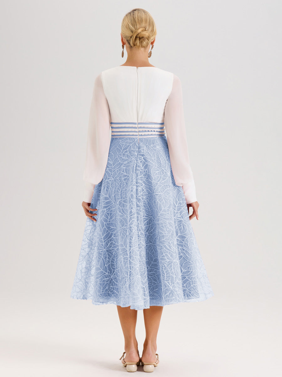 Cicinia Bleu Ciel Robe Tendance Mère De La Mariée Col Ras Du Cou Manches Longues À Contraste En Mousseline Et Dentelle Longueur Mi-Mollet