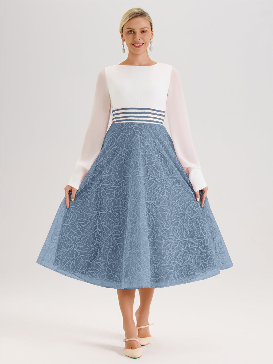 Cicinia Bleu De Schiste Robe Tendance Mère De La Mariée Col Ras Du Cou Manches Longues À Contraste En Mousseline Et Dentelle Longueur Mi-Mollet