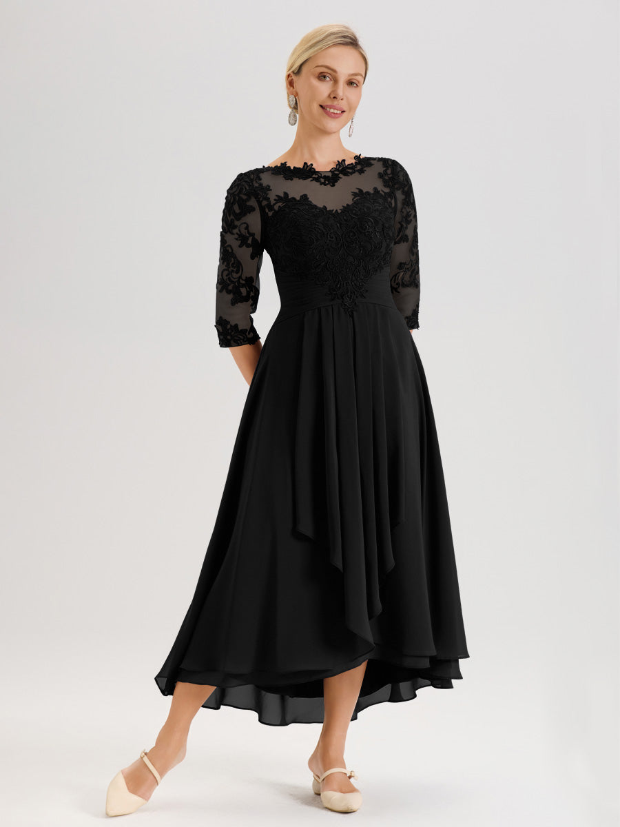 Cicinia Noir Robe Mère De La Mariée Col Ras Du Cou En Mousseline Et Dentelle Manches Trois-Quarts À Ourlet Asymétrique