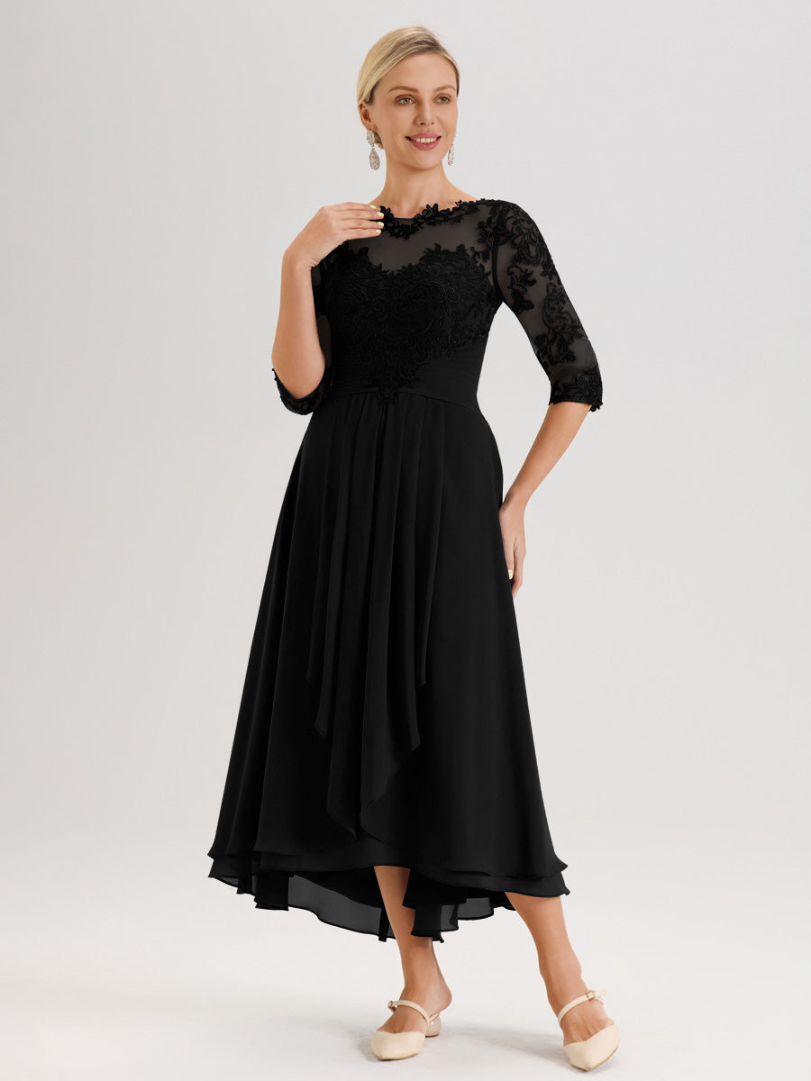 Cicinia Noir Robe Mère De La Mariée Col Ras Du Cou En Mousseline Et Dentelle Manches Trois-Quarts À Ourlet Asymétrique