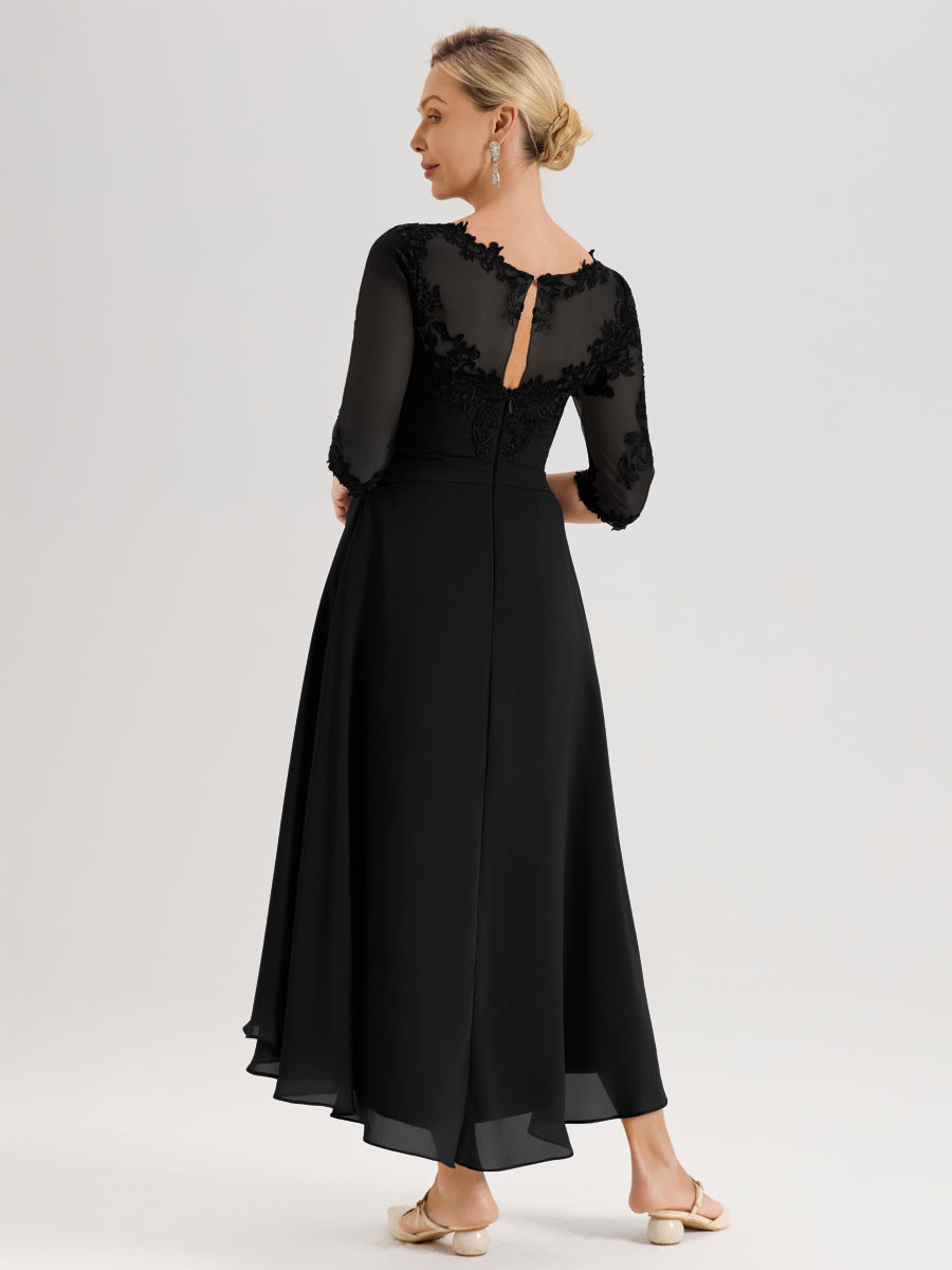 Cicinia Noir Robe Mère De La Mariée Col Ras Du Cou En Mousseline Et Dentelle Manches Trois-Quarts À Ourlet Asymétrique