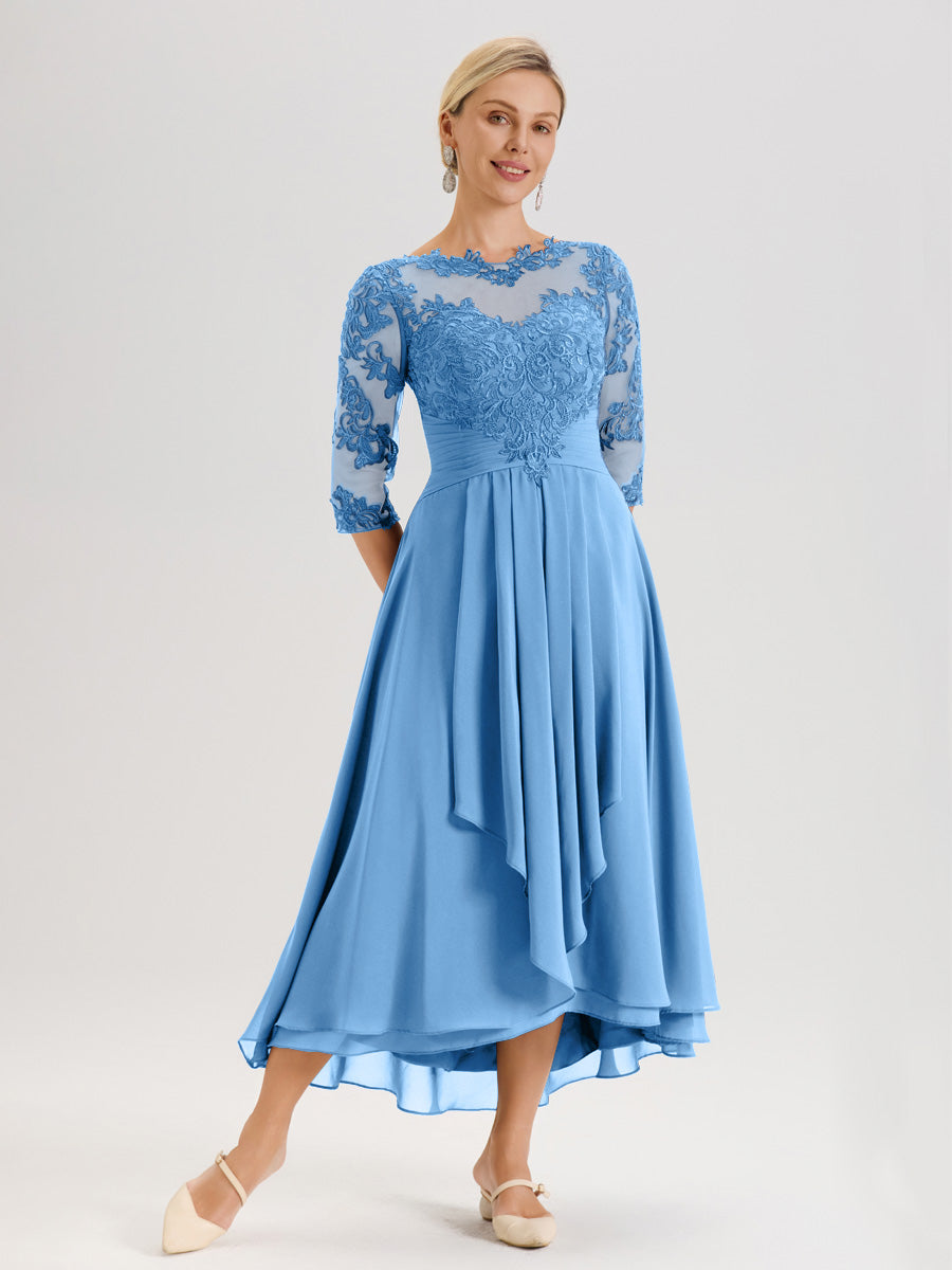 Cicinia Bleu Robe Mère De La Mariée Col Ras Du Cou En Mousseline Et Dentelle Manches Trois-Quarts À Ourlet Asymétrique