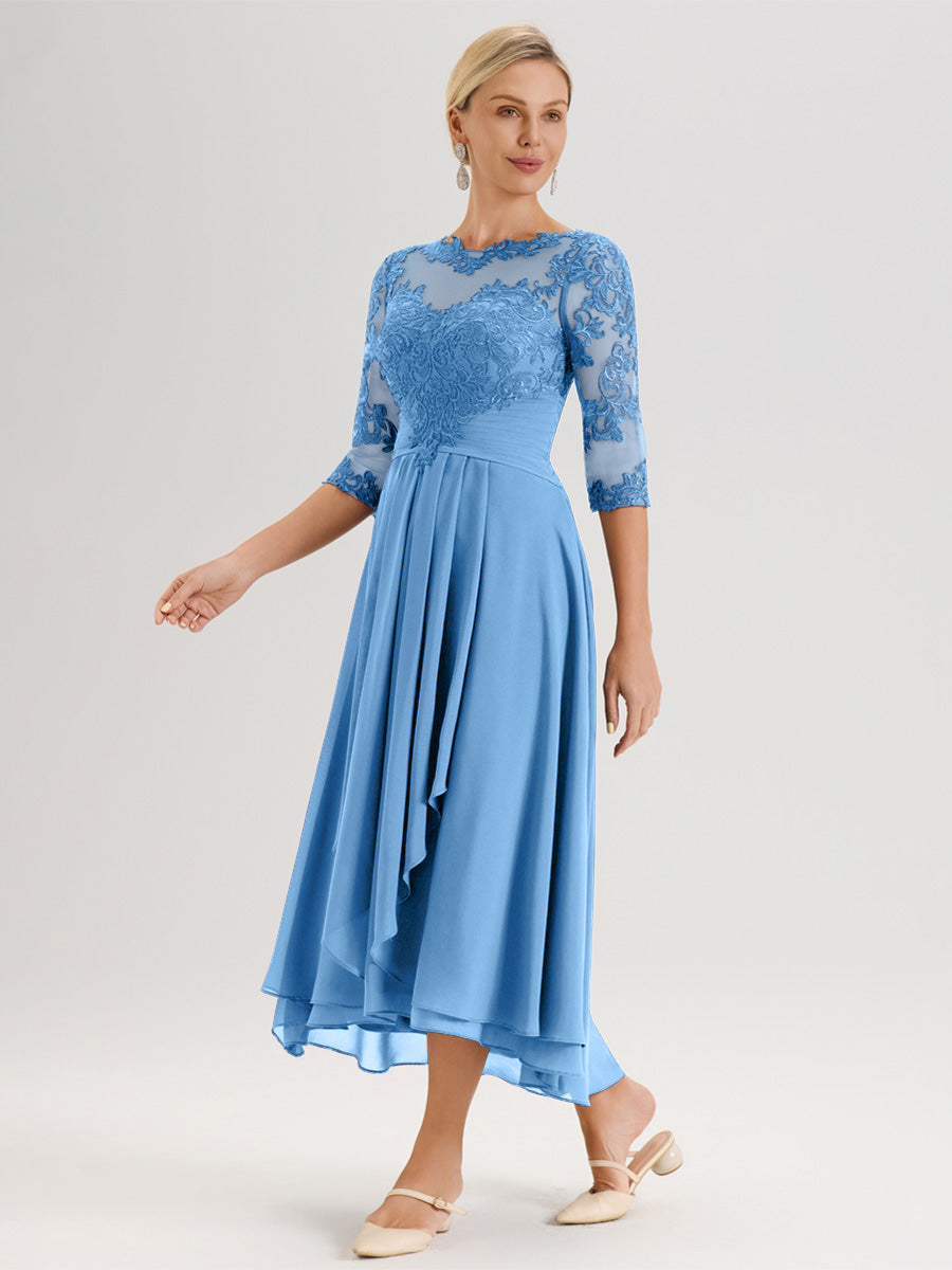 Cicinia Bleu Robe Mère De La Mariée Col Ras Du Cou En Mousseline Et Dentelle Manches Trois-Quarts À Ourlet Asymétrique