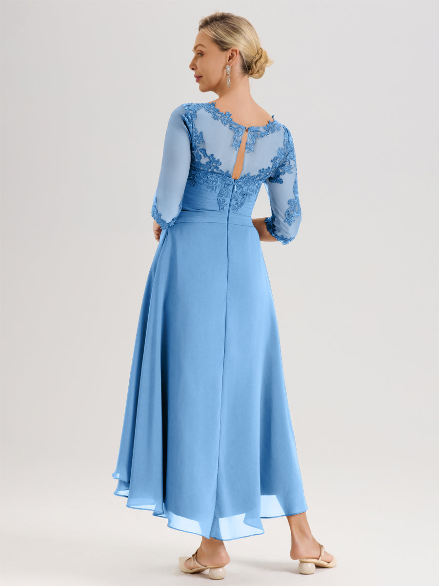 Cicinia Bleu Robe Mère De La Mariée Col Ras Du Cou En Mousseline Et Dentelle Manches Trois-Quarts À Ourlet Asymétrique