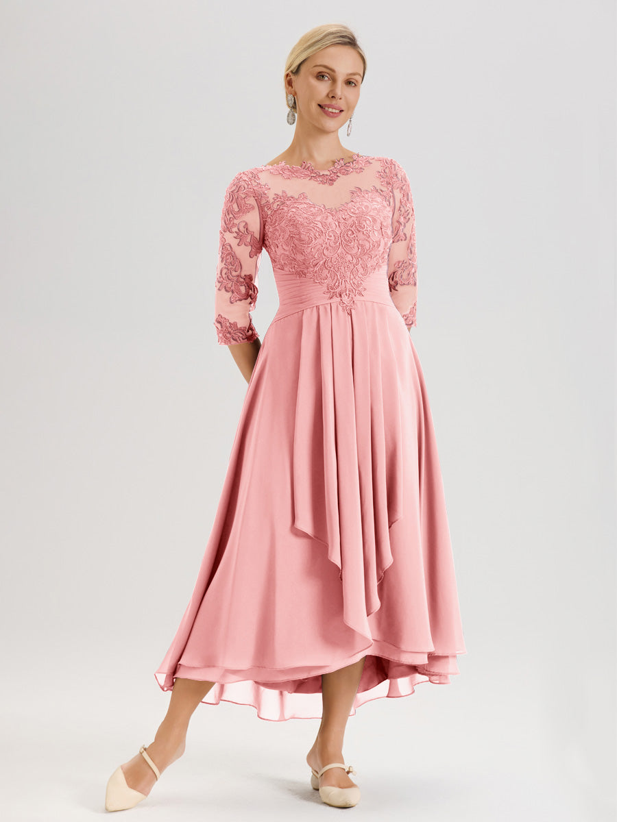 Cicinia Rose Robe Mère De La Mariée Col Ras Du Cou En Mousseline Et Dentelle Manches Trois-Quarts À Ourlet Asymétrique