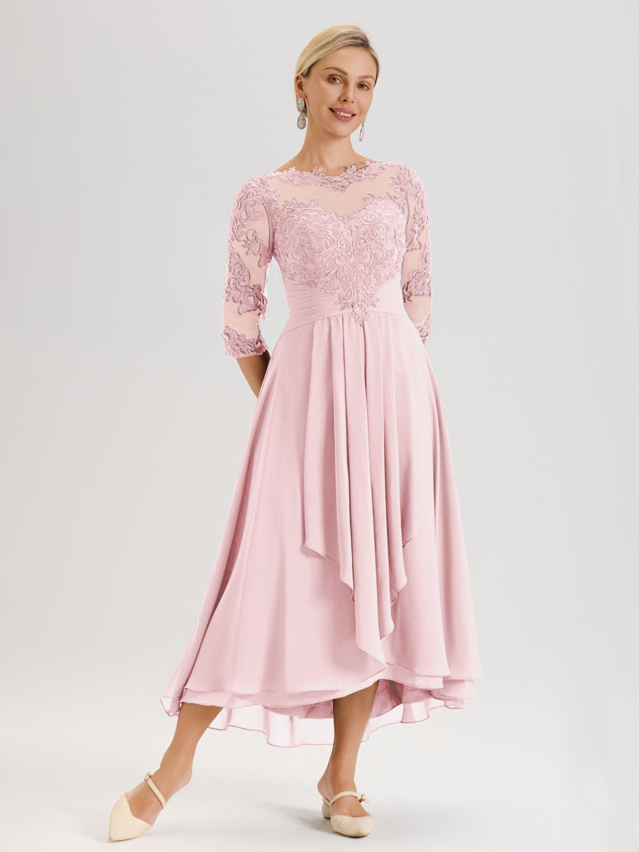 Cicinia Rose Pâle Robe Mère De La Mariée Col Ras Du Cou En Mousseline Et Dentelle Manches Trois-Quarts À Ourlet Asymétrique