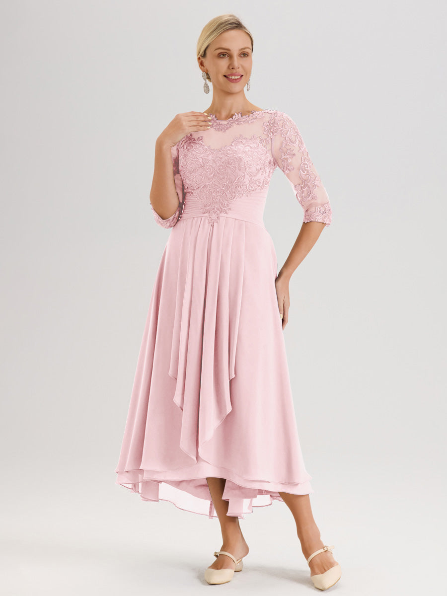 Cicinia Rose Pâle Robe Mère De La Mariée Col Ras Du Cou En Mousseline Et Dentelle Manches Trois-Quarts À Ourlet Asymétrique