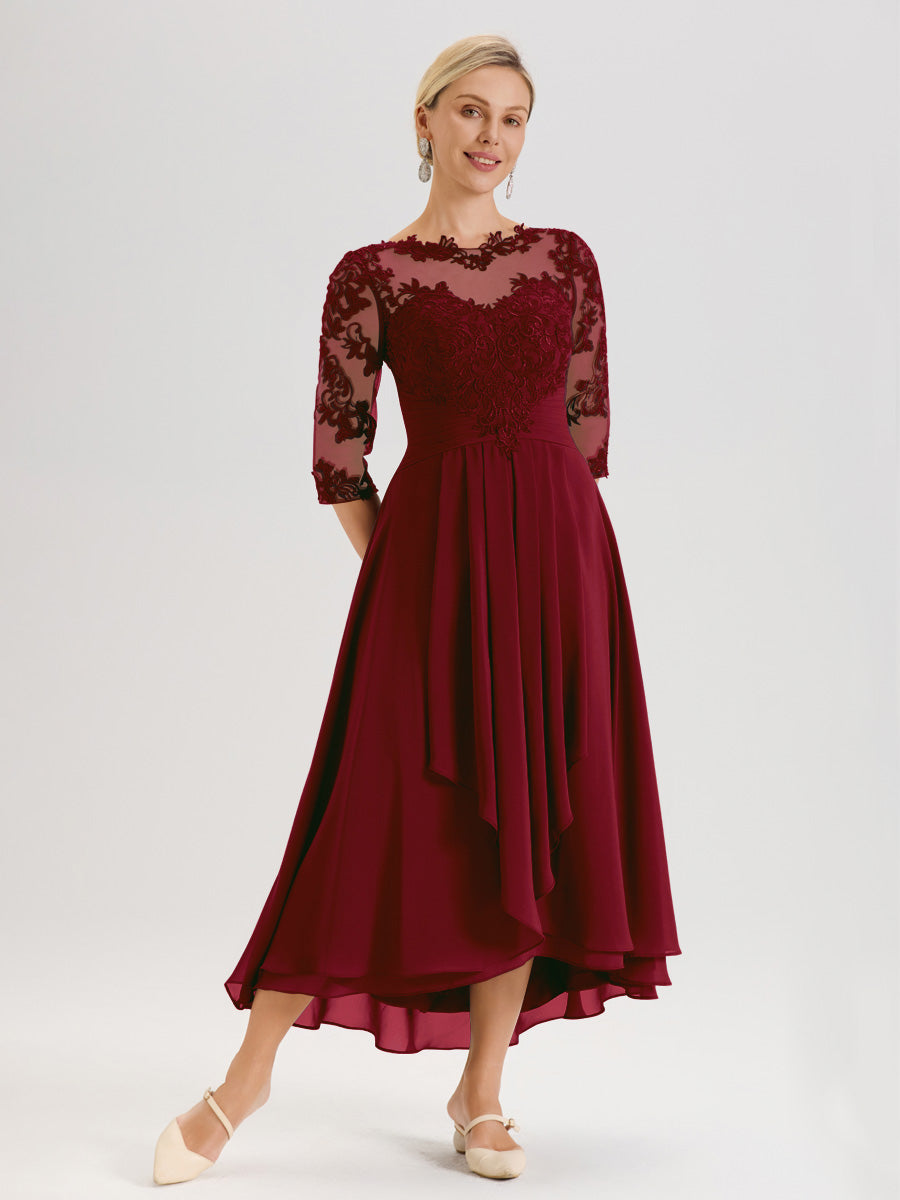 Cicinia Bordeaux Robe Mère De La Mariée Col Ras Du Cou En Mousseline Et Dentelle Manches Trois-Quarts À Ourlet Asymétrique