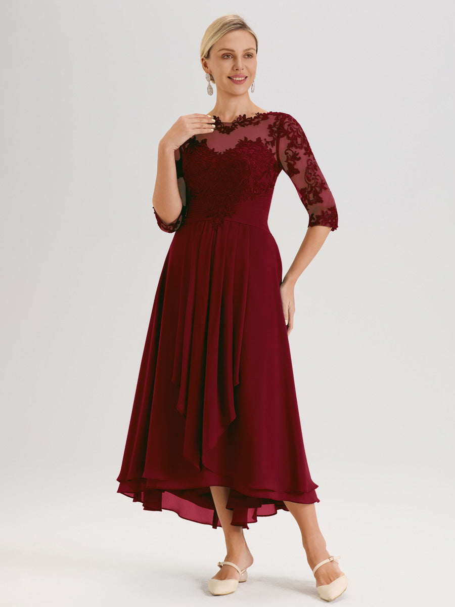 Cicinia Bordeaux Robe Mère De La Mariée Col Ras Du Cou En Mousseline Et Dentelle Manches Trois-Quarts À Ourlet Asymétrique