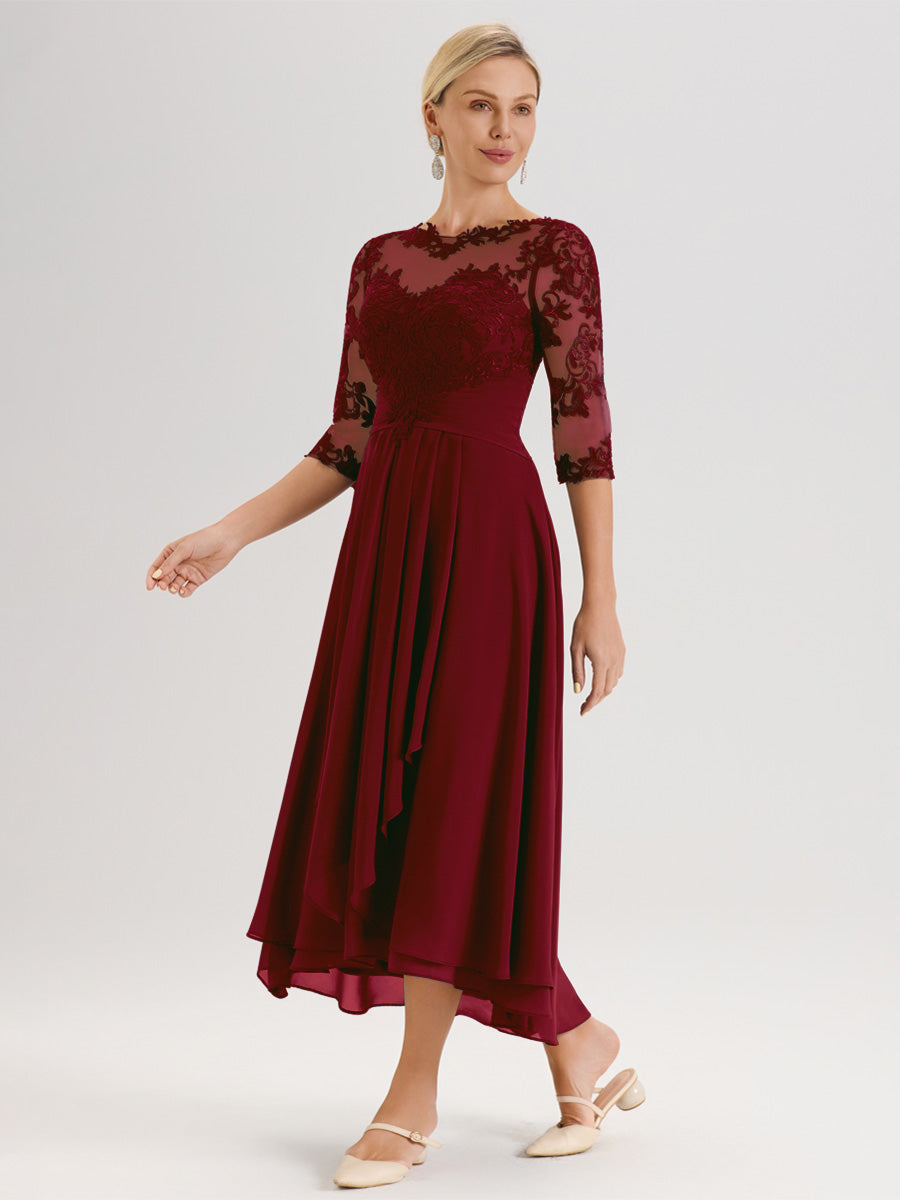Cicinia Bordeaux Robe Mère De La Mariée Col Ras Du Cou En Mousseline Et Dentelle Manches Trois-Quarts À Ourlet Asymétrique