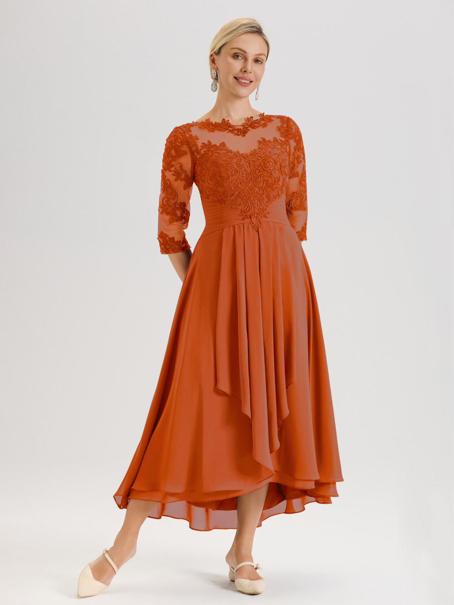 Cicinia Orange Brûlé Robe Mère De La Mariée Col Ras Du Cou En Mousseline Et Dentelle Manches Trois-Quarts À Ourlet Asymétrique