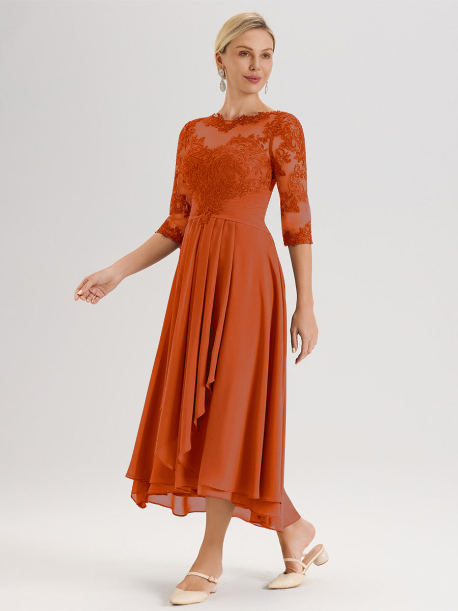 Cicinia Orange Brûlé Robe Mère De La Mariée Col Ras Du Cou En Mousseline Et Dentelle Manches Trois-Quarts À Ourlet Asymétrique
