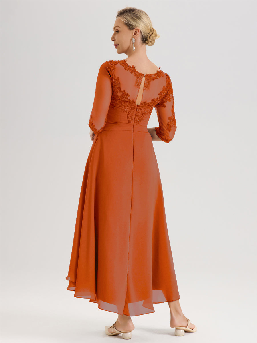 Cicinia Orange Brûlé Robe Mère De La Mariée Col Ras Du Cou En Mousseline Et Dentelle Manches Trois-Quarts À Ourlet Asymétrique