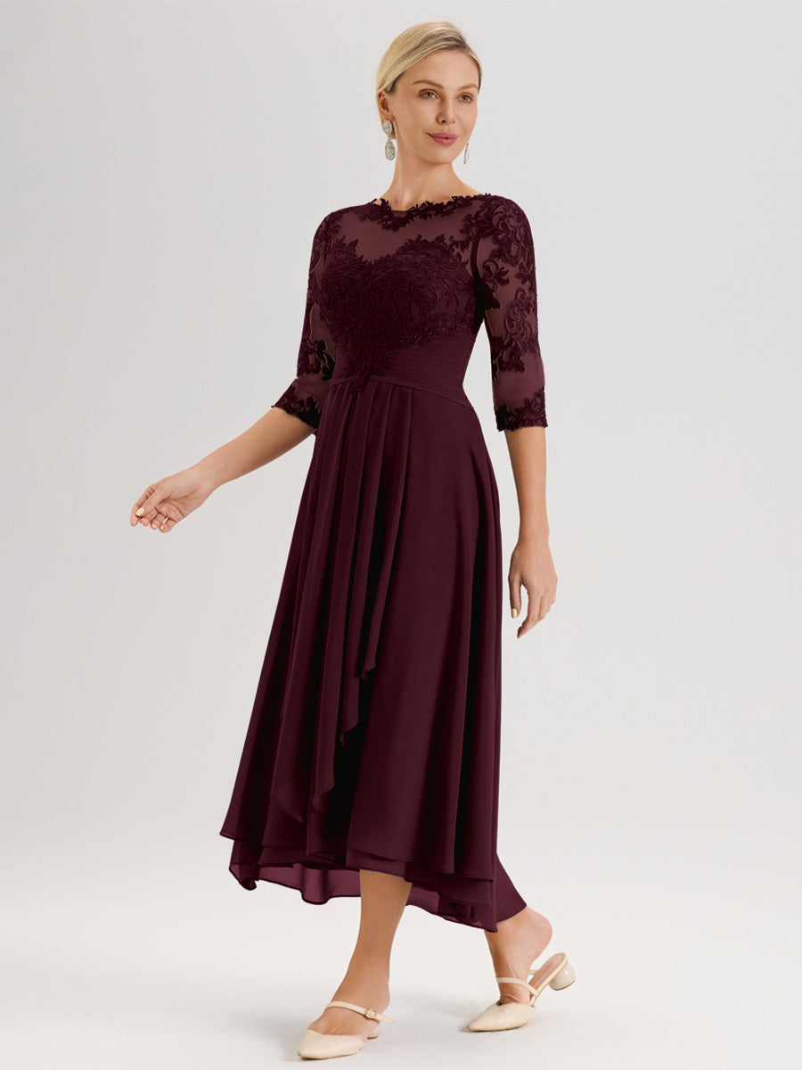 Cicinia Cabernet Robe Mère De La Mariée Col Ras Du Cou En Mousseline Et Dentelle Manches Trois-Quarts À Ourlet Asymétrique