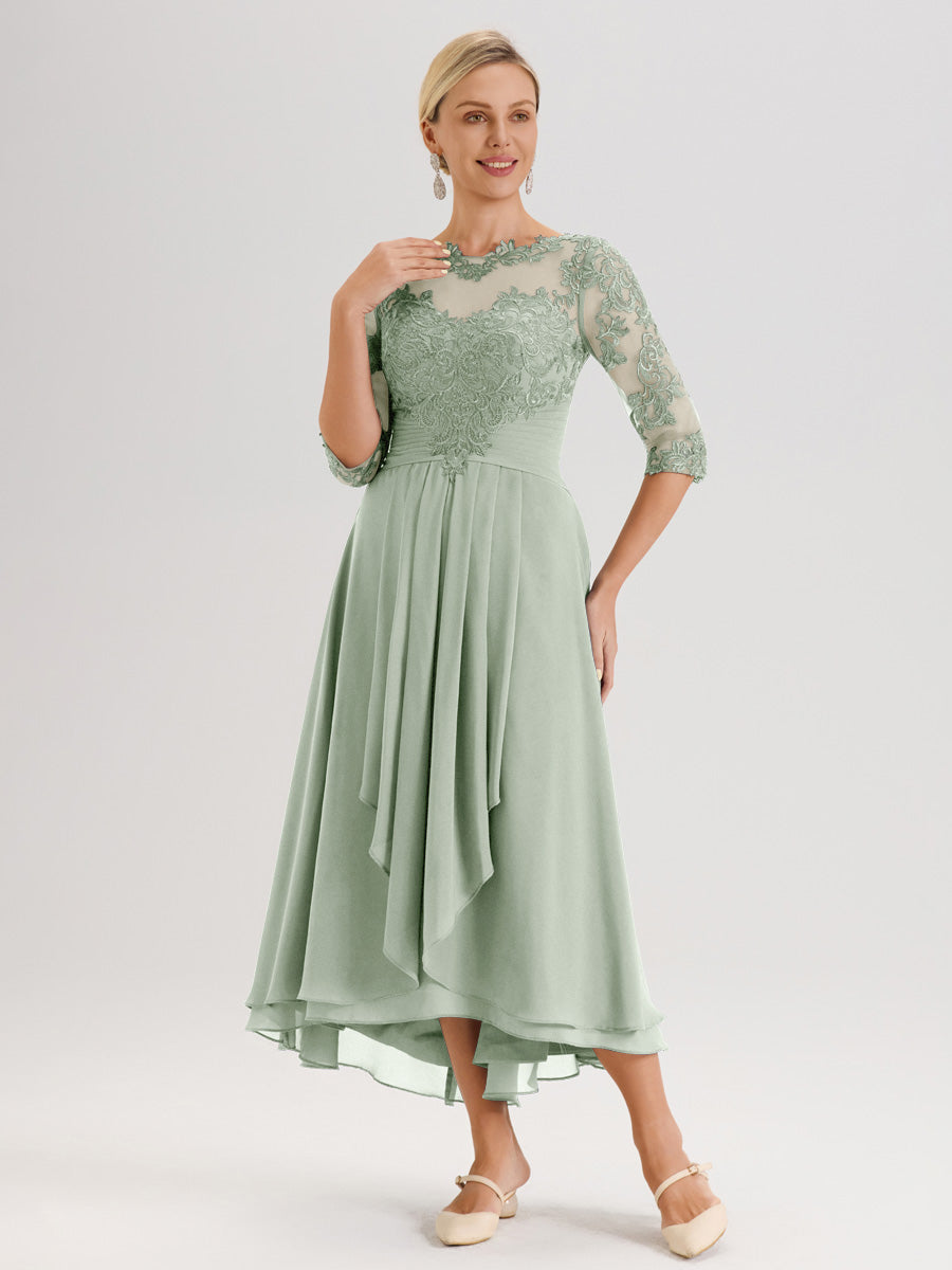 Cicinia Celadon Robe Mère De La Mariée Col Ras Du Cou En Mousseline Et Dentelle Manches Trois-Quarts À Ourlet Asymétrique