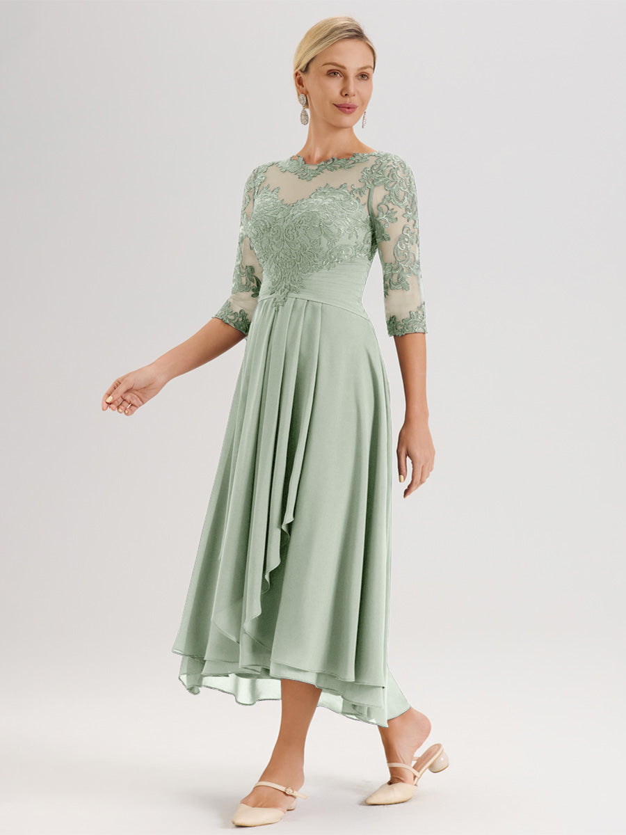 Cicinia Celadon Robe Mère De La Mariée Col Ras Du Cou En Mousseline Et Dentelle Manches Trois-Quarts À Ourlet Asymétrique