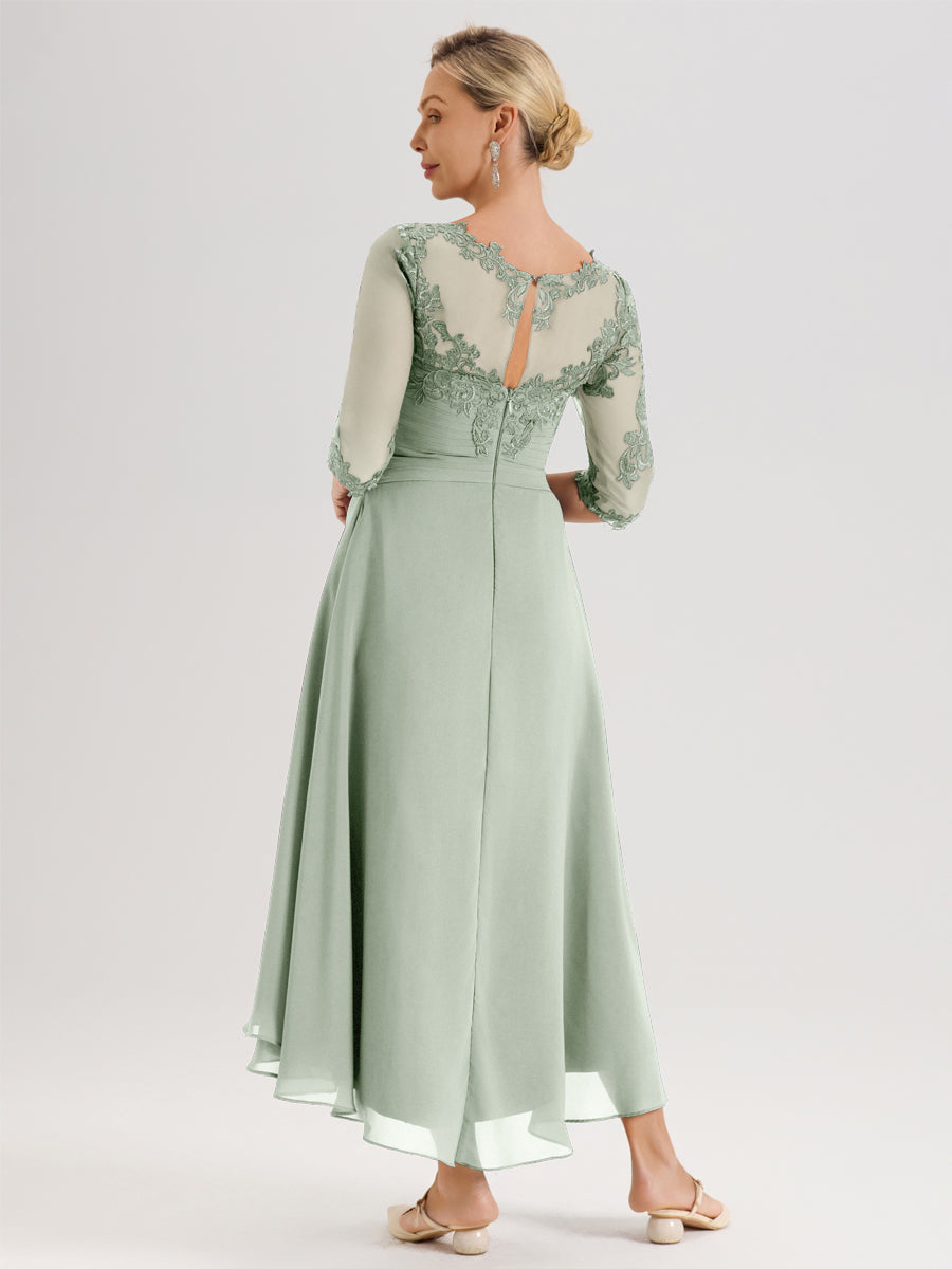 Cicinia Celadon Robe Mère De La Mariée Col Ras Du Cou En Mousseline Et Dentelle Manches Trois-Quarts À Ourlet Asymétrique