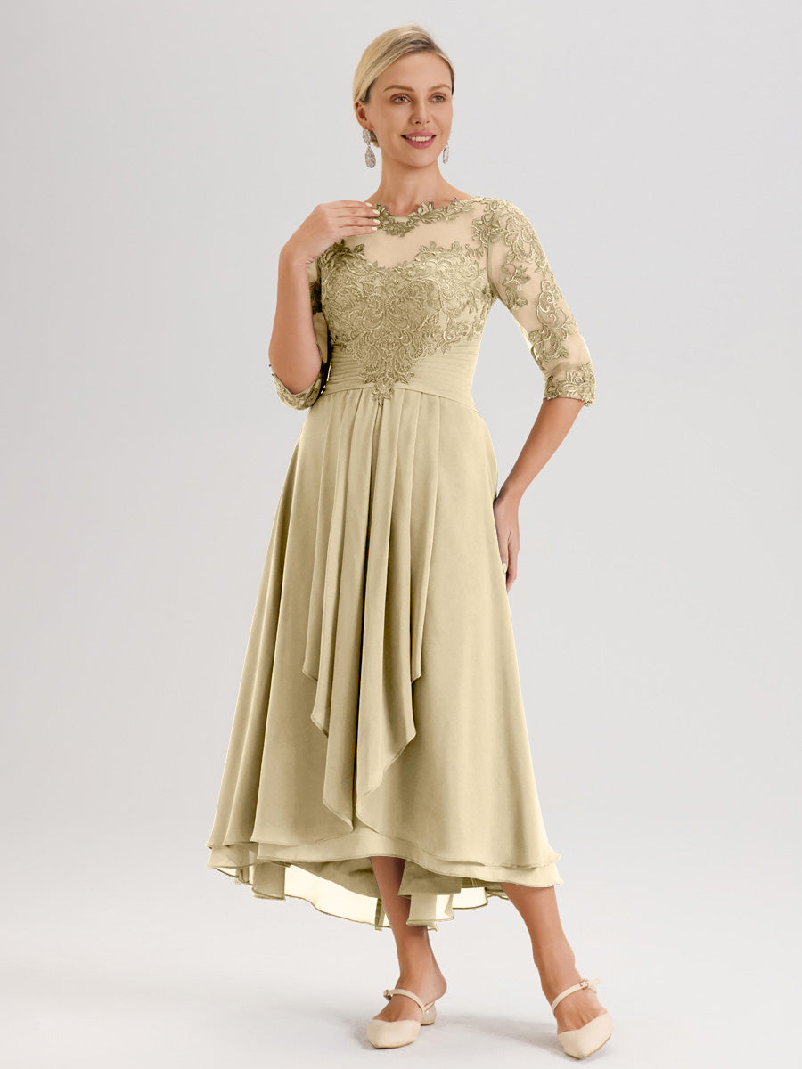Cicinia Champagne Robe Mère De La Mariée Col Ras Du Cou En Mousseline Et Dentelle Manches Trois-Quarts À Ourlet Asymétrique