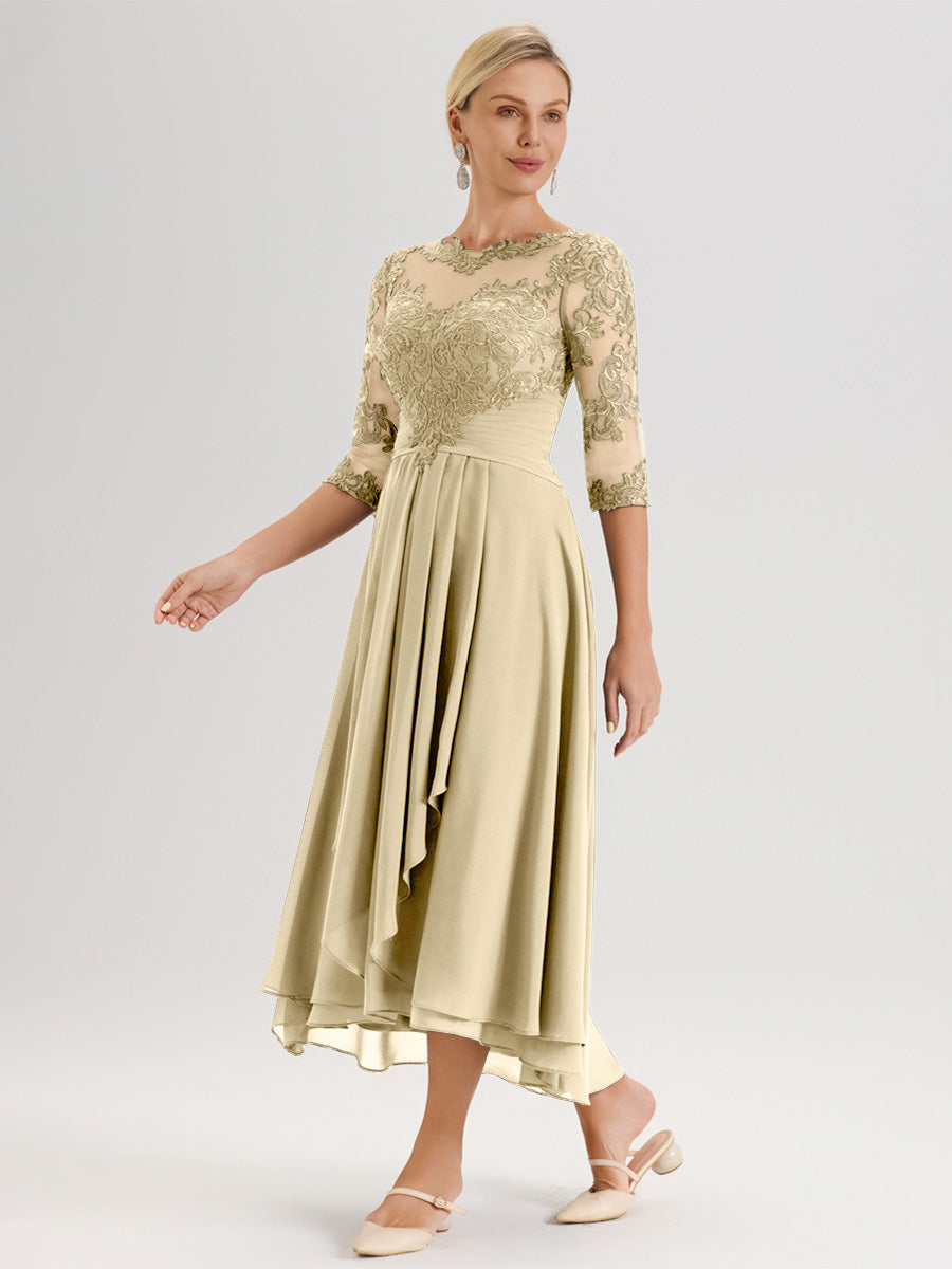 Cicinia Champagne Robe Mère De La Mariée Col Ras Du Cou En Mousseline Et Dentelle Manches Trois-Quarts À Ourlet Asymétrique