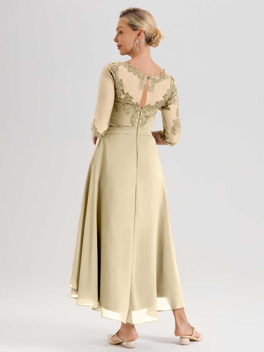 Cicinia Champagne Robe Mère De La Mariée Col Ras Du Cou En Mousseline Et Dentelle Manches Trois-Quarts À Ourlet Asymétrique