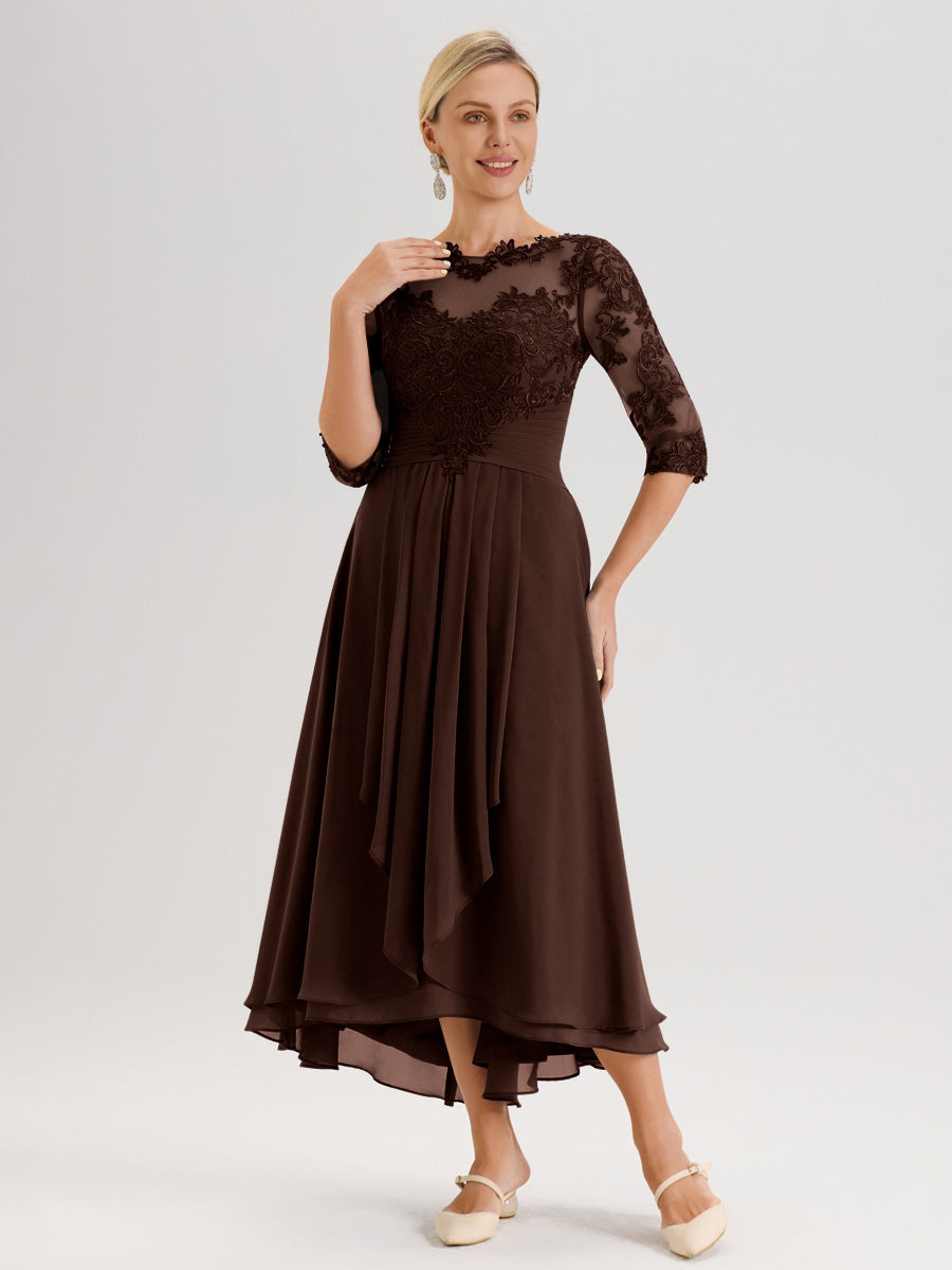 Cicinia Chocolat Robe Mère De La Mariée Col Ras Du Cou En Mousseline Et Dentelle Manches Trois-Quarts À Ourlet Asymétrique