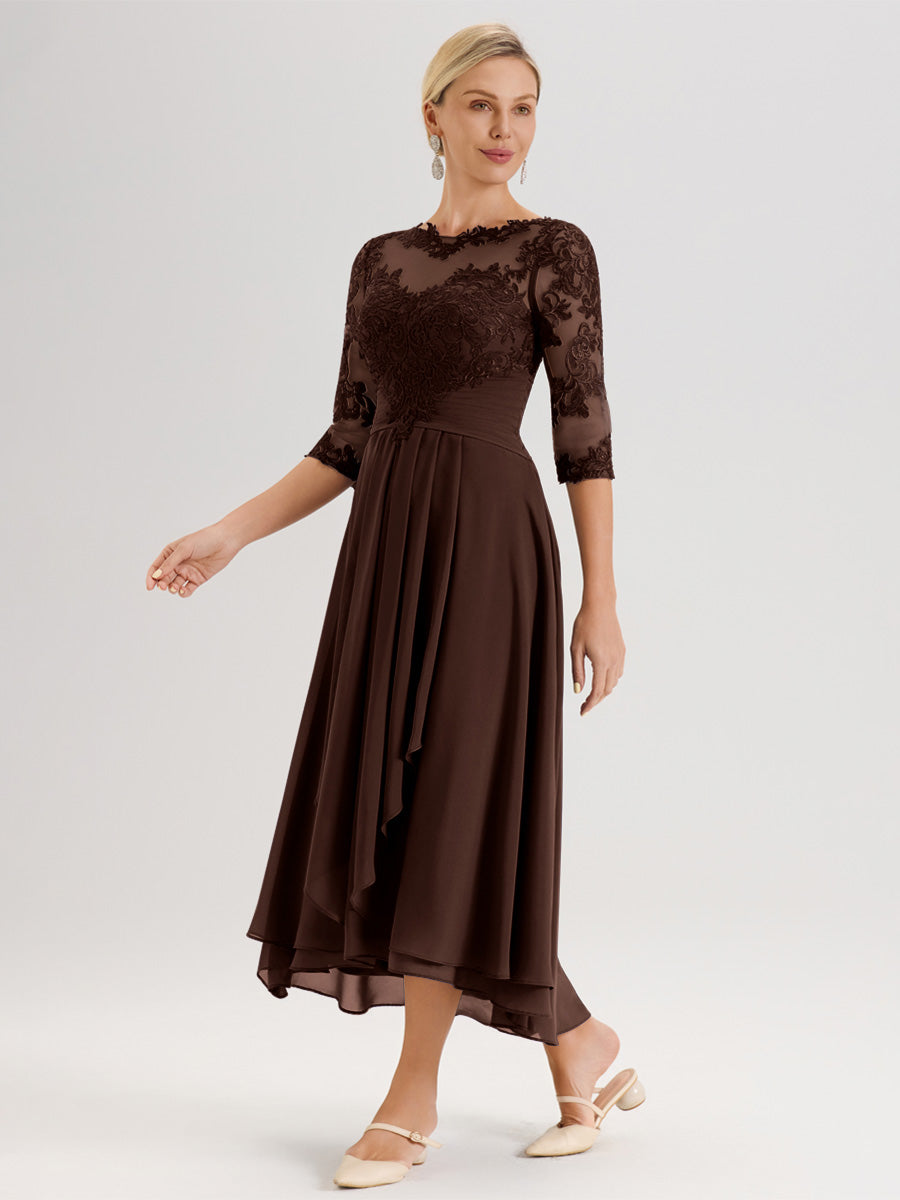 Cicinia Chocolat Robe Mère De La Mariée Col Ras Du Cou En Mousseline Et Dentelle Manches Trois-Quarts À Ourlet Asymétrique