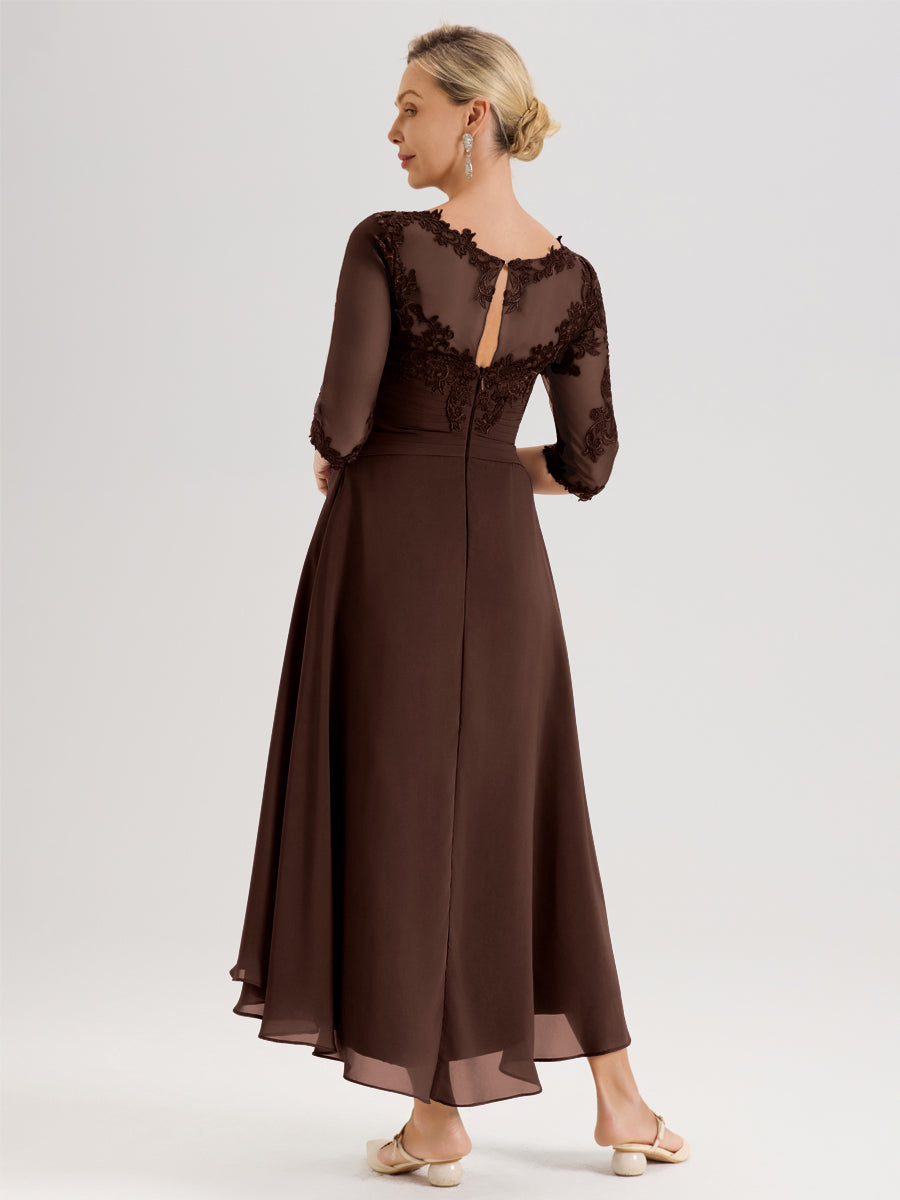 Cicinia Chocolat Robe Mère De La Mariée Col Ras Du Cou En Mousseline Et Dentelle Manches Trois-Quarts À Ourlet Asymétrique