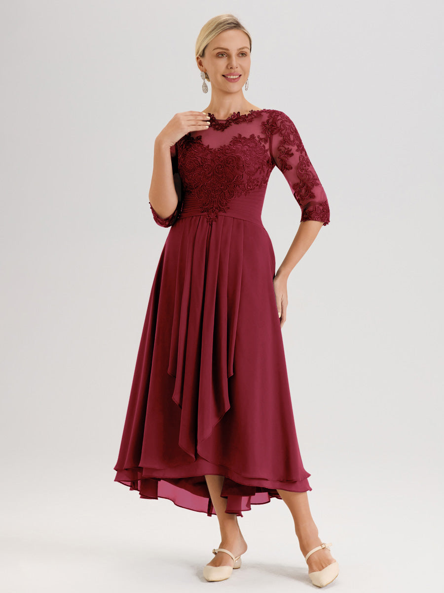 Cicinia Rose Cannelle Robe Mère De La Mariée Col Ras Du Cou En Mousseline Et Dentelle Manches Trois-Quarts À Ourlet Asymétrique