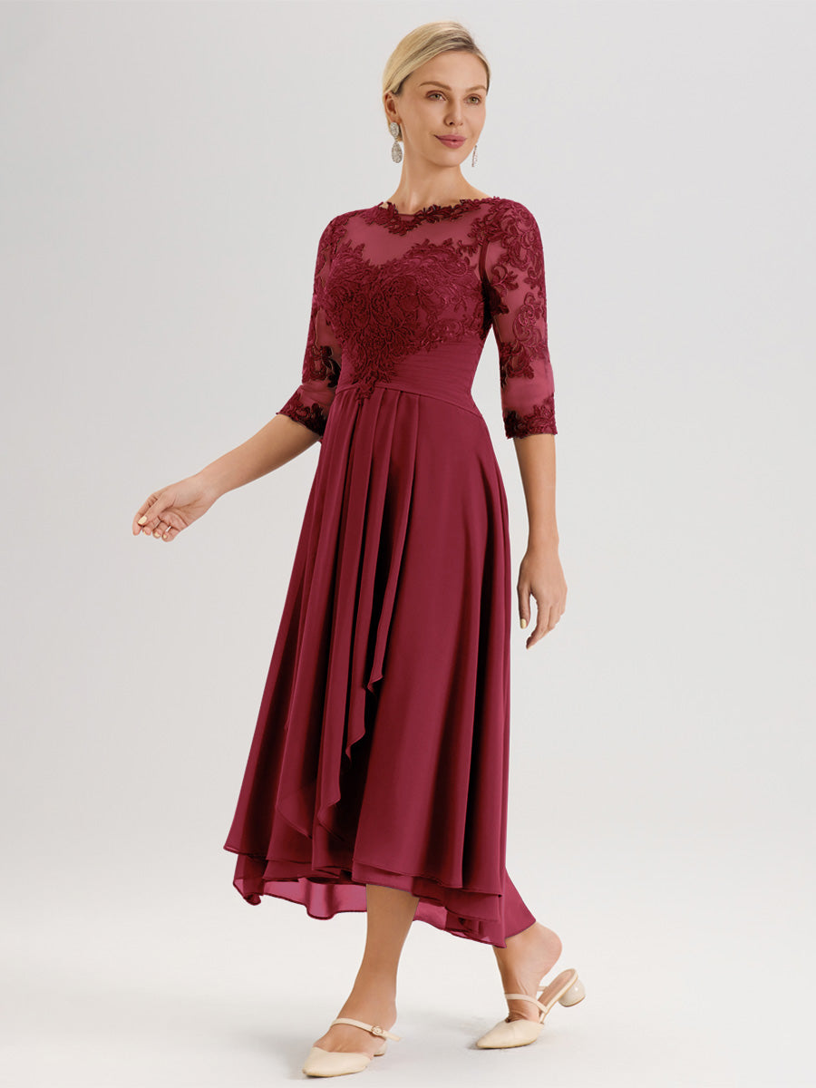 Cicinia Rose Cannelle Robe Mère De La Mariée Col Ras Du Cou En Mousseline Et Dentelle Manches Trois-Quarts À Ourlet Asymétrique