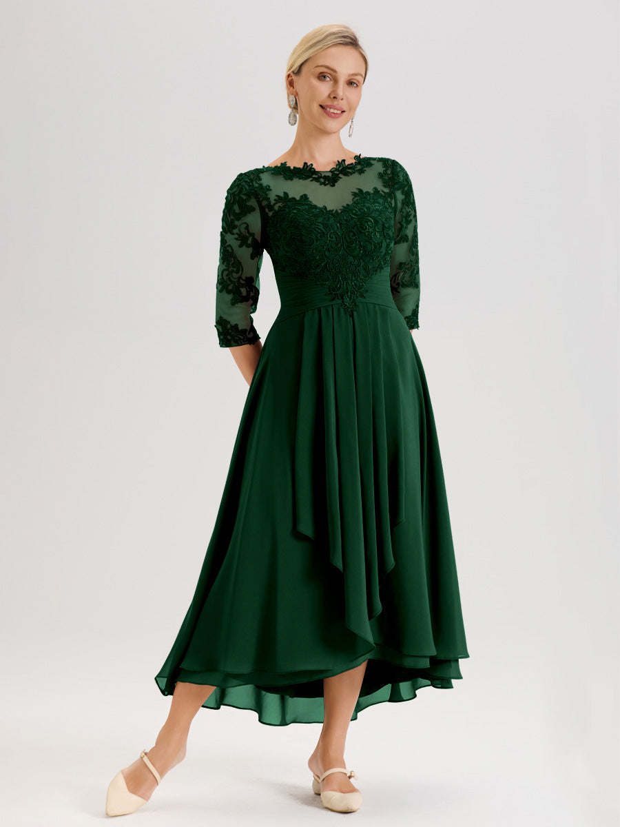 Cicinia Vert Foncé Robe Mère De La Mariée Col Ras Du Cou En Mousseline Et Dentelle Manches Trois-Quarts À Ourlet Asymétrique